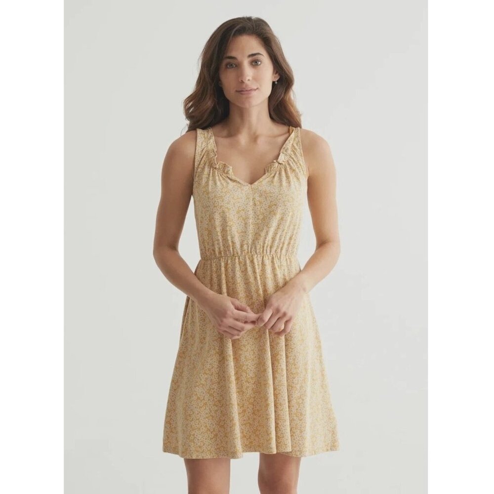 Lucky Brand Yellow Short Spring Floral Sleeveless Dress Ruffled Neck Medium - Picture 2 of 6